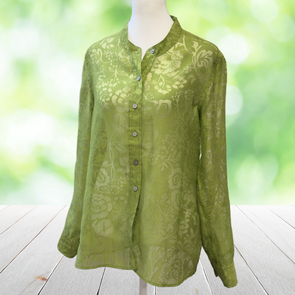 Vintage CHICOS Top Green Burnout Sheer Floral Overlay 90s Y2K Size 1 (M) Button